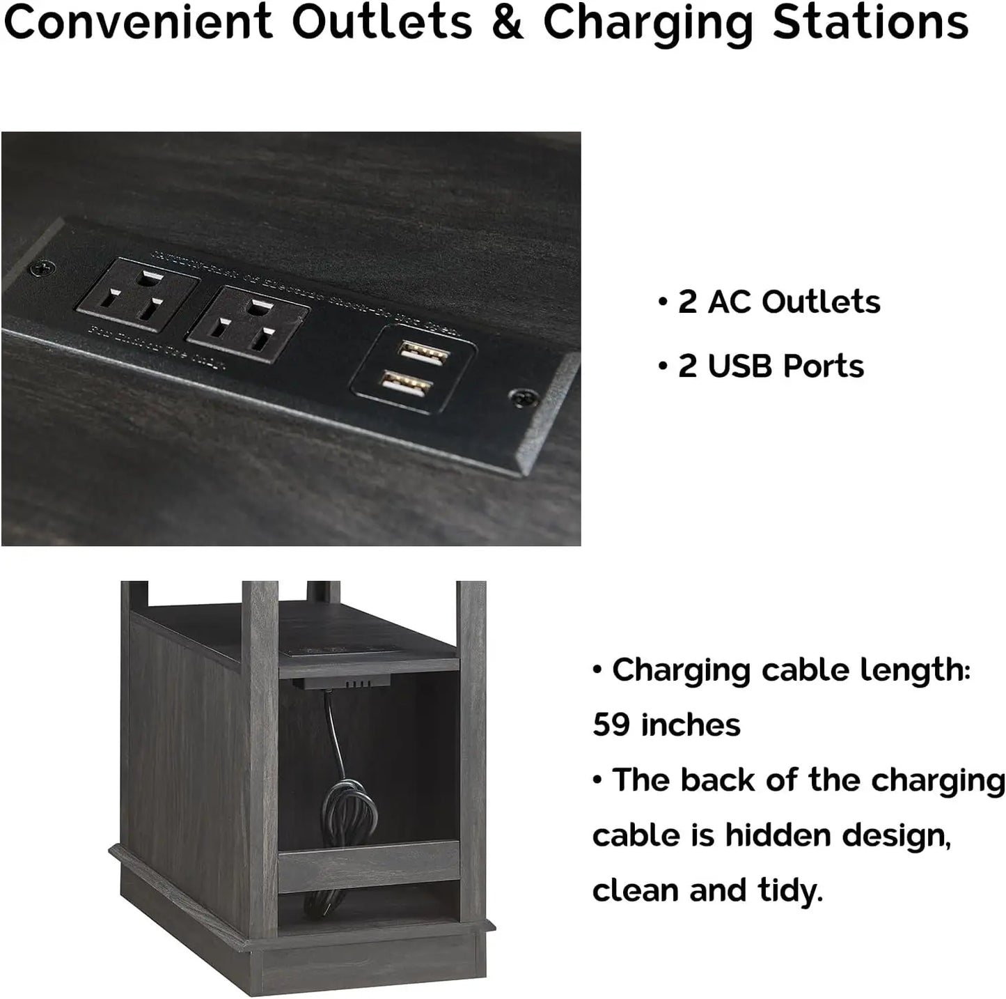 End Table with Charging Station, Side Table Nightstand with Adjustable Shelves, Narrow Storage Cabinet for Living Room, Black