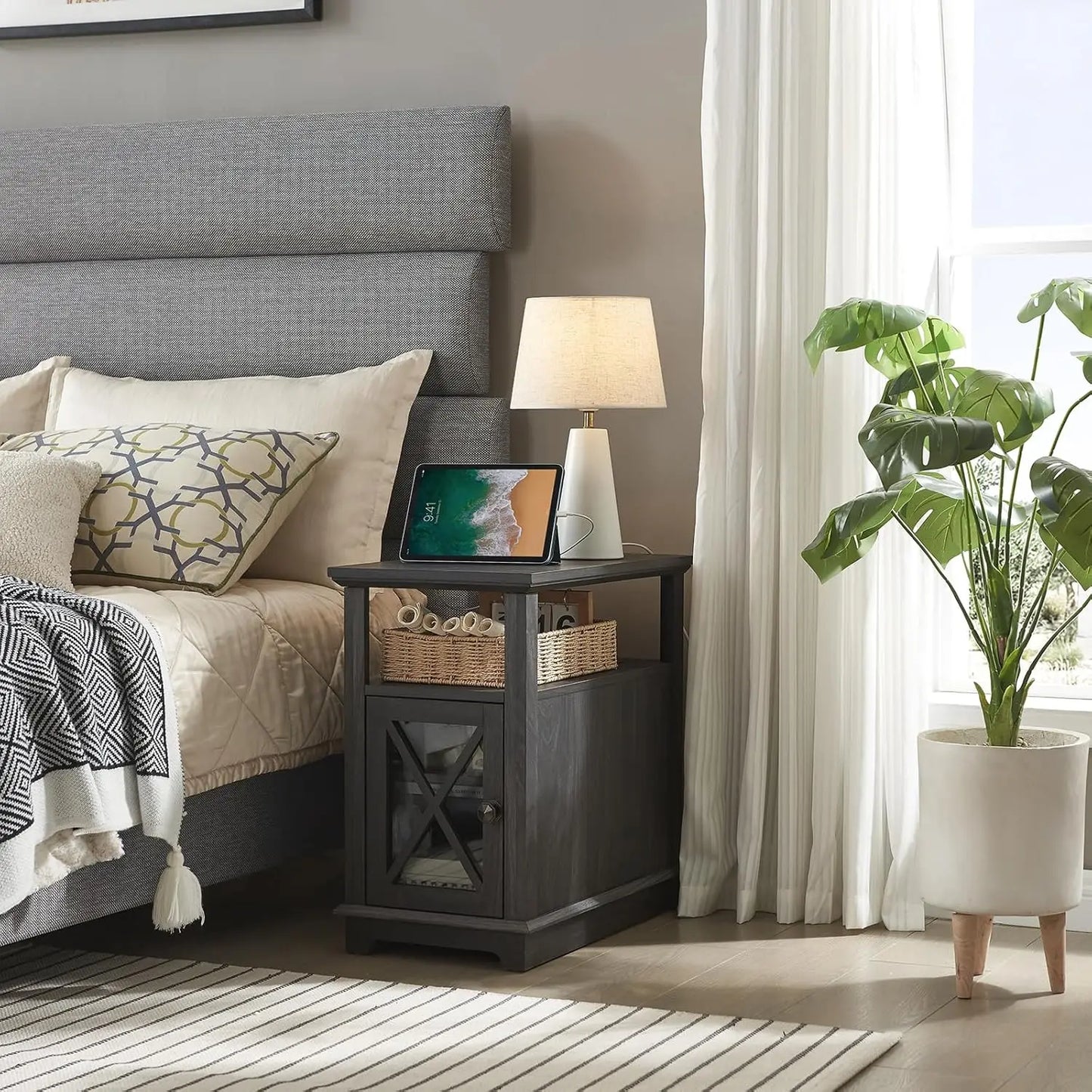 End Table with Charging Station, Side Table Nightstand with Adjustable Shelves, Narrow Storage Cabinet for Living Room, Black
