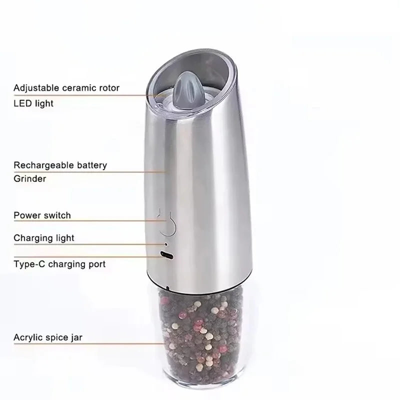Electric Salt and Pepper Grinder, Gravity Automatic, Spice Shaker, LED Light, Adjustable Ceramic, Kitchen Tools, USB Charge, New