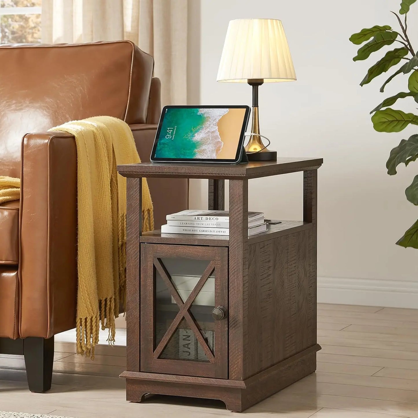 End Table with Charging Station, Side Table Nightstand with Adjustable Shelves, Narrow Storage Cabinet for Living Room, Black