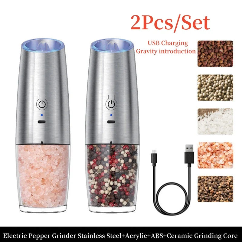 Electric Salt and Pepper Grinder, Gravity Automatic, Spice Shaker, LED Light, Adjustable Ceramic, Kitchen Tools, USB Charge, New