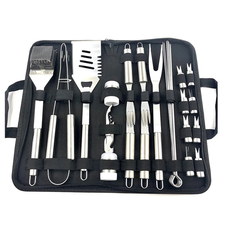 ABRW-29PCS Stainless Steel Grill Tool Set, Grilling Accessories Aluminum Case For Outdoor, Camping Silver