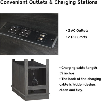 End Table with Charging Station, Side Table Nightstand with Adjustable Shelves, Narrow Storage Cabinet for Living Room, Black