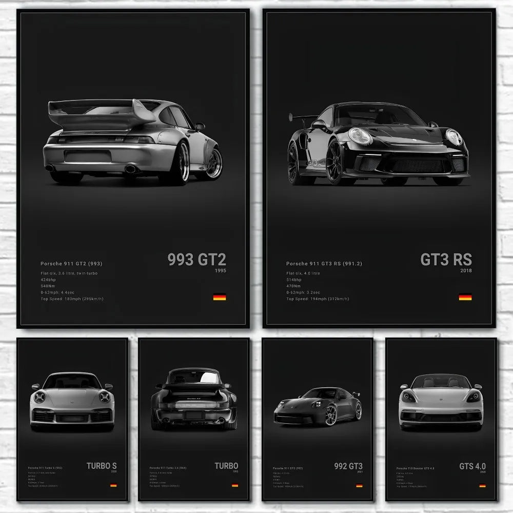 Sports Black Car P-Porsc-Che 918 GT3-RS-911 Poster Sticky Wall Art Printing Waterproof Home Living Bed Room Bar Aesthetic Decor