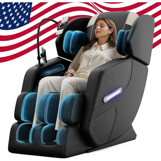 Recliner with Heating, Full Body Airbags, 6 Fixed Rollers, Touch Screen, Bluetooth Speaker, Black, Chaise Lounge