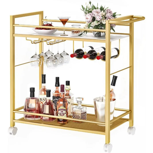 Home Bar Serving Cart with Storage Shelves, 2 Tier Rolling Beverage Cart with Wheels for Kitchen, Living Room,Dinning Room,Gold