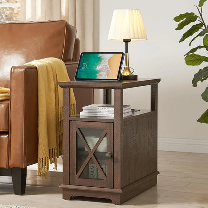 End Table with Charging Station, Side Table Nightstand with Adjustable Shelves, Narrow Storage Cabinet for Living Room, Black