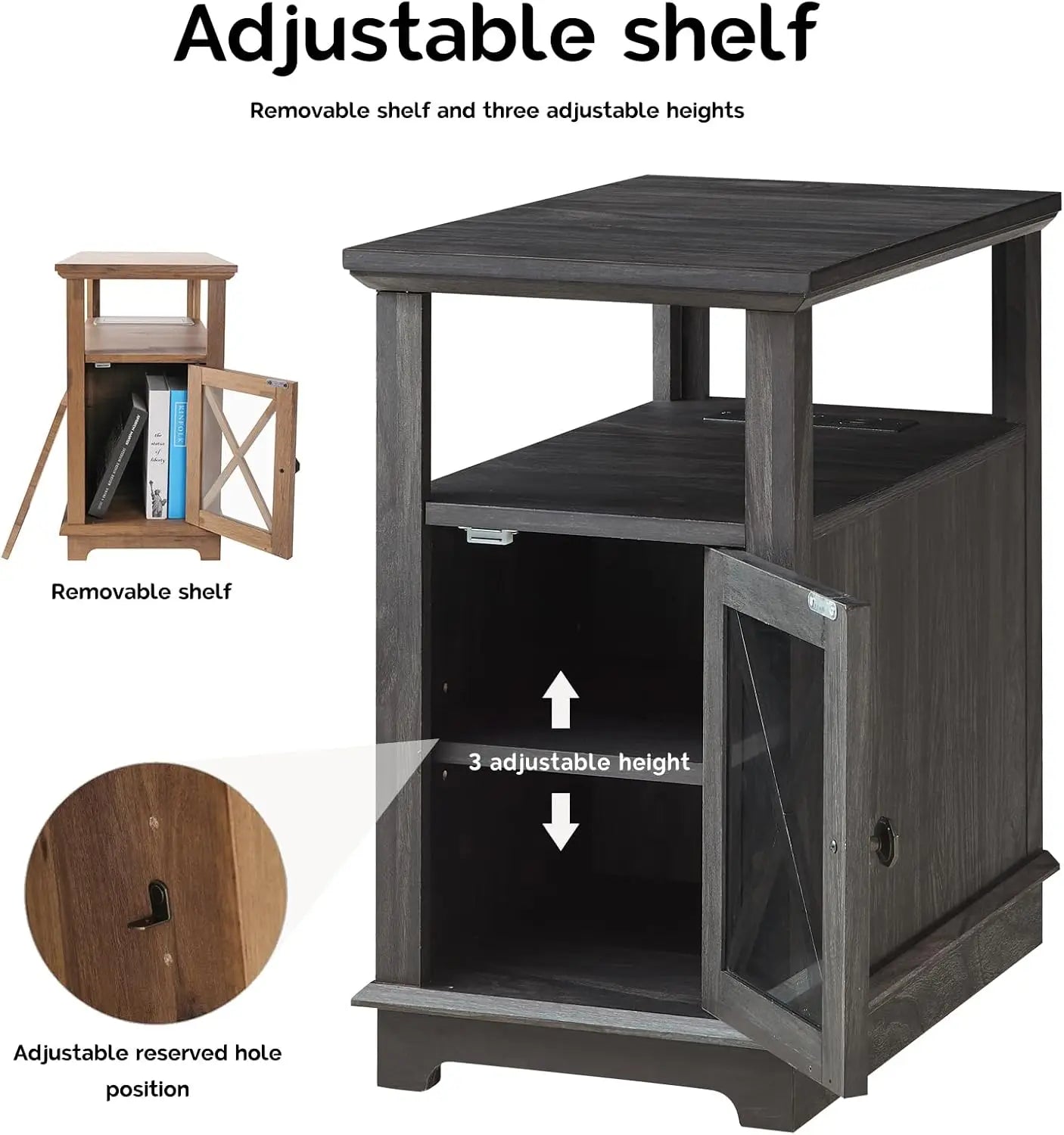 End Table with Charging Station, Side Table Nightstand with Adjustable Shelves, Narrow Storage Cabinet for Living Room, Black
