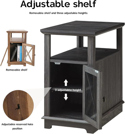 End Table with Charging Station, Side Table Nightstand with Adjustable Shelves, Narrow Storage Cabinet for Living Room, Black